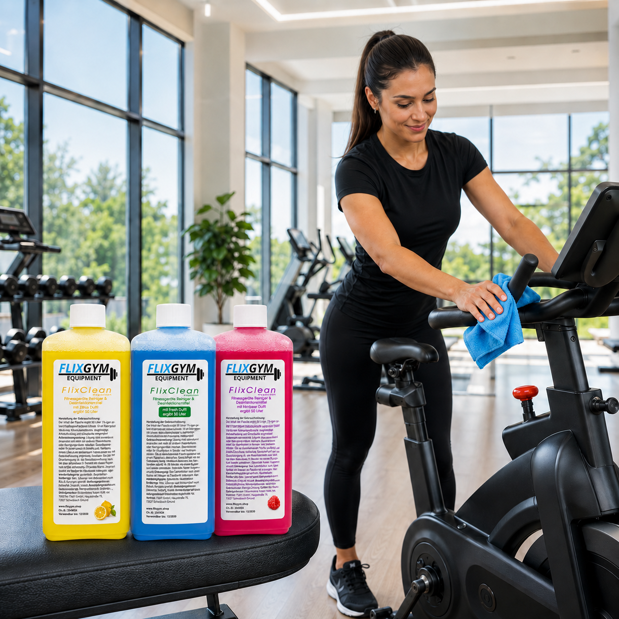 FlixClean Fitnessgeräte Reiniger & Desinfektionsmittel Konzentrat - 500 ml für bis zu 50 Liter Gebrauchslösung